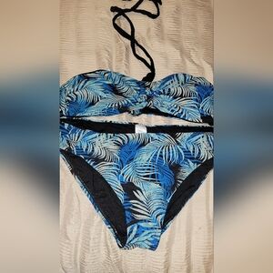 Blue and Black Leaf Print Bikini Set